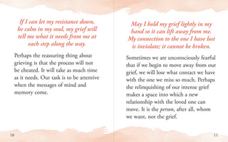 Interior spread of Healing After Loss Mini Book showing two grief meditations in italic red text on a soft pink watercolor cloud background — pages 10 and 11