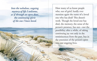 Interior spread of Healing After Loss Mini Book showing meditation "Into the nebulous, ongoing mystery of life I welcome" alongside a watercolor illustration of a sandy beach path and ocean