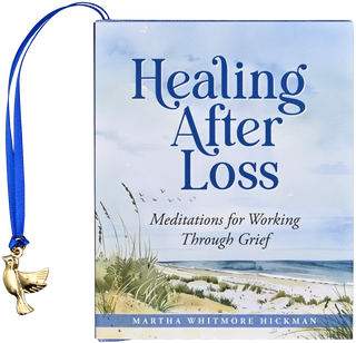Healing After Loss Mini Book by Martha Whitmore Hickman — pocket-sized hardcover grief meditation book with blue ribbon bookmark and 24K gold-plated bird charm, watercolor beach scene on cover