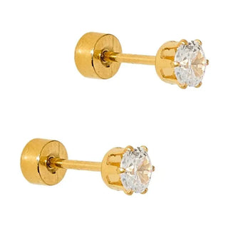 Helen Gold Screwback Stud Earrings with sparkling 5mm cubic zirconia stone, waterproof hypoallergenic gold-toned stainless steel flat-back earrings.