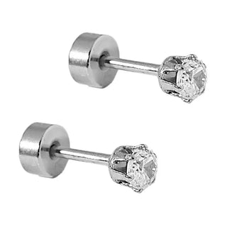 Helen Micro Silver Screwback Stud Earrings featuring a brilliant 3mm clear cubic zirconia in polished surgical stainless steel with a secure flat-back screwback design.