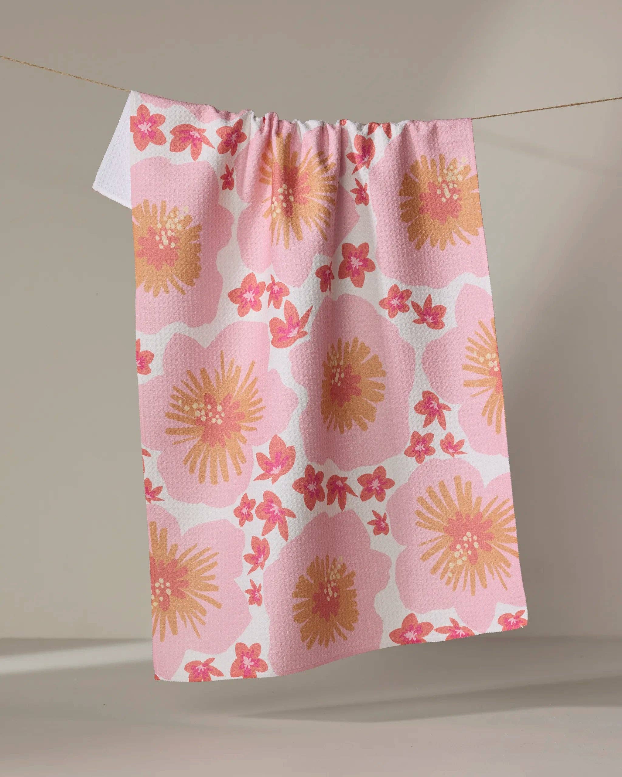 Pink and coral hibiscus floral eco-friendly kitchen tea towel by Geometry