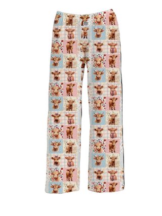 Highland cow quilt lounge pants by Brief Insanity with patchwork farmhouse print
