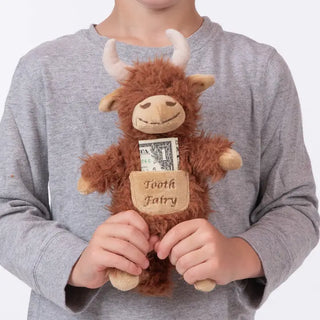 McKenzie Highland Cow Tooth Fairy plush pillow with embroidered tooth pocket for storing a lost tooth and Tooth Fairy surprise.