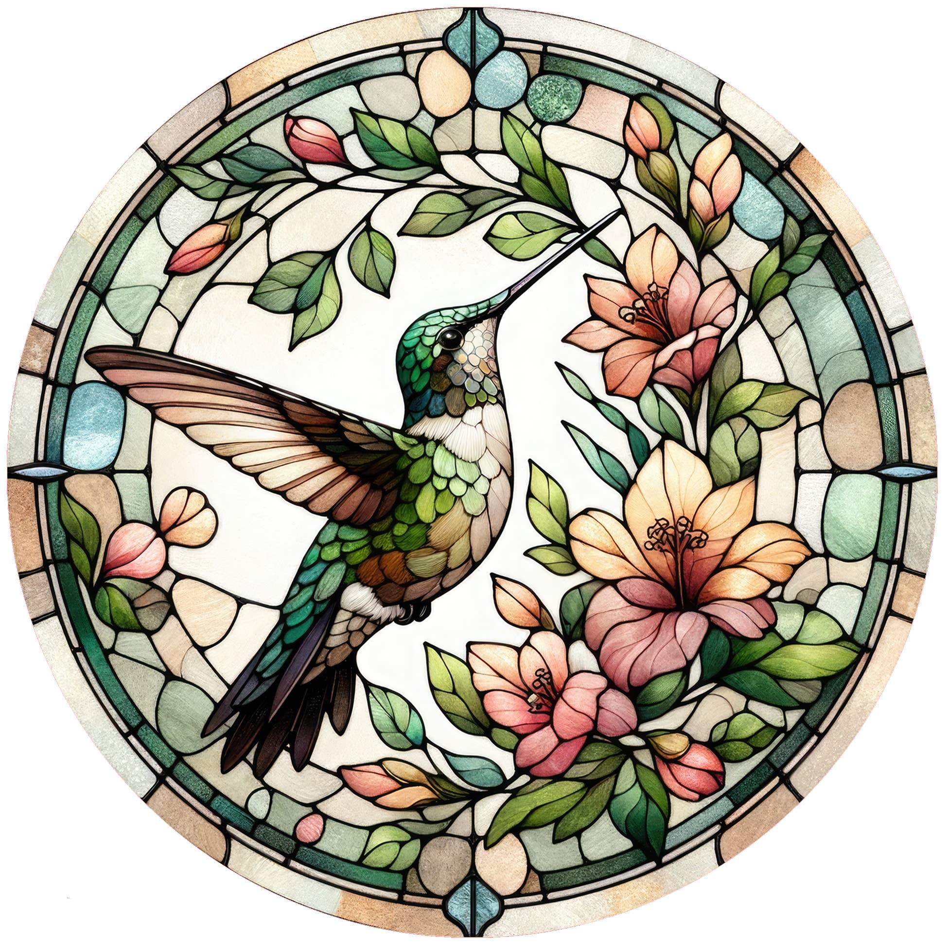Hummingbird Stained Glass Silicone Jar Opener by Andréas — round flexible silicone disc featuring a Tiffany-style stained glass design of a green hummingbird hovering beside soft pink and peach hibiscus blooms within an elegant circular border of sage green, blush, and cream glass panels