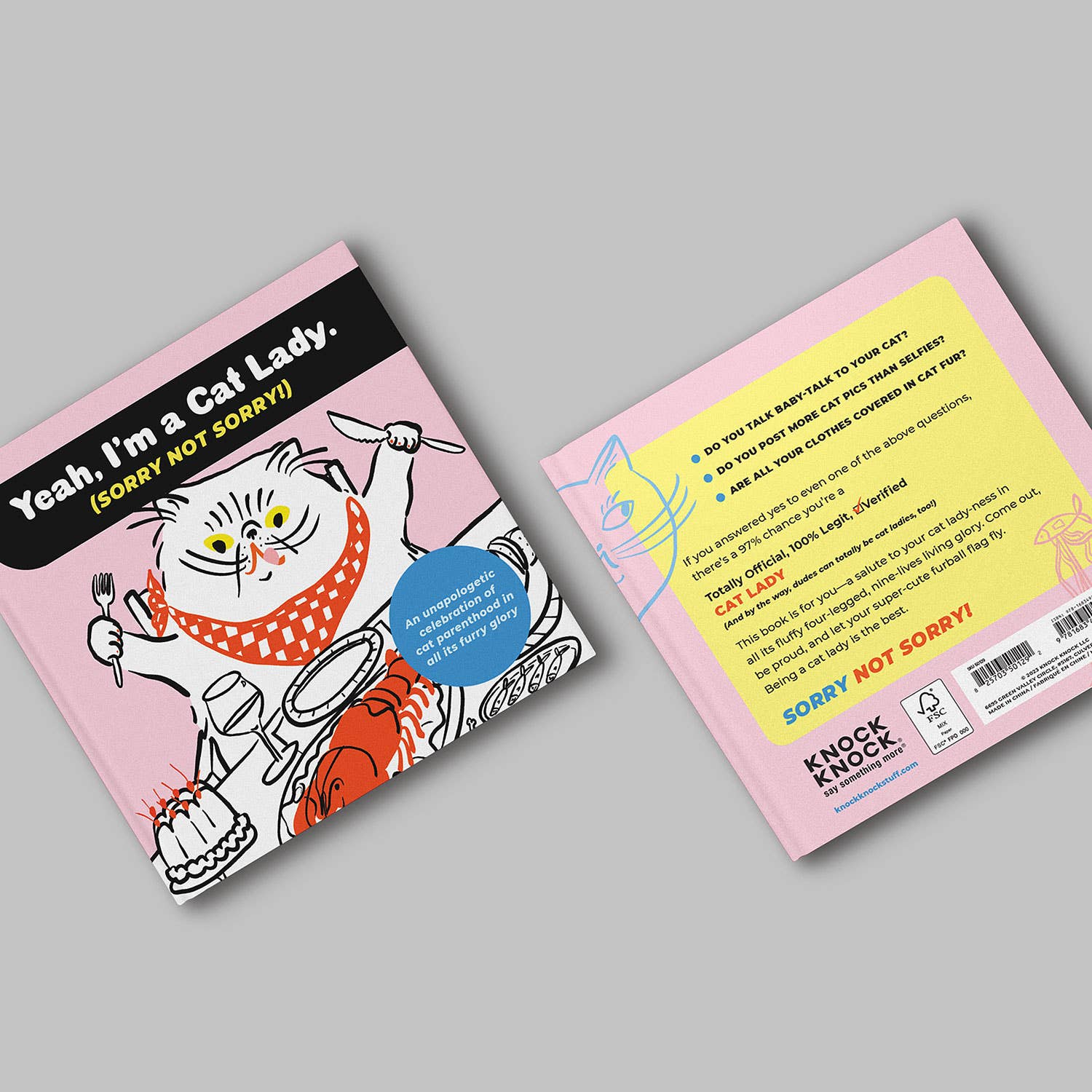 Hardcover "I'm a Cat Lady, Sorry Not Sorry" humor book featuring a funny illustrated cat and celebrating cat lovers.