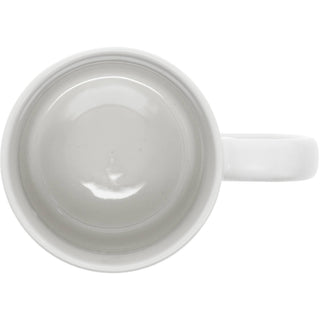 Inside of white 15 oz ceramic coffee mug featuring the funny saying "I'm Not a Morning Person But My Cat Is" with gray paw print accents.
