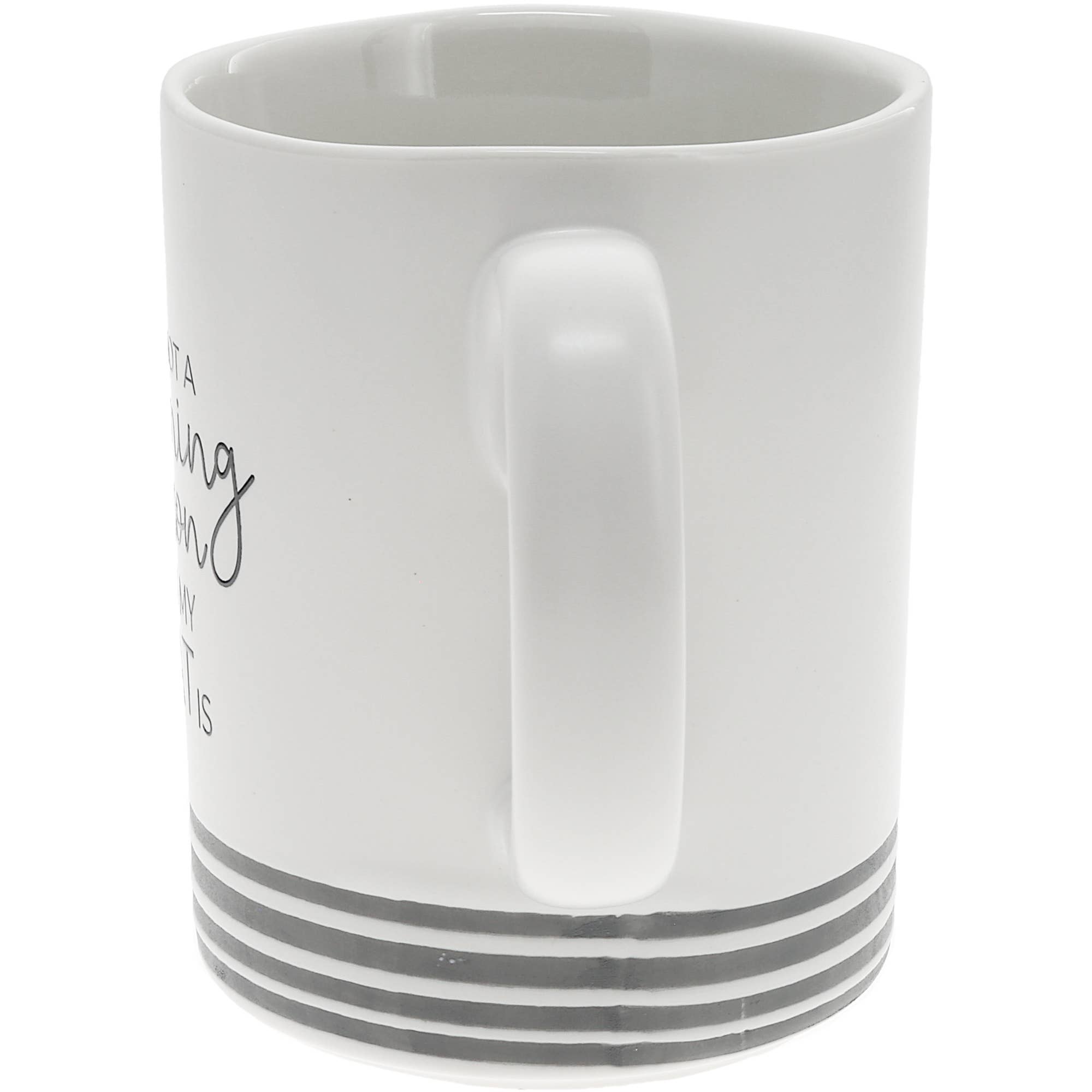 Side of white 15 oz ceramic coffee mug featuring the funny saying "I'm Not a Morning Person But My Cat Is" with gray paw print accents.