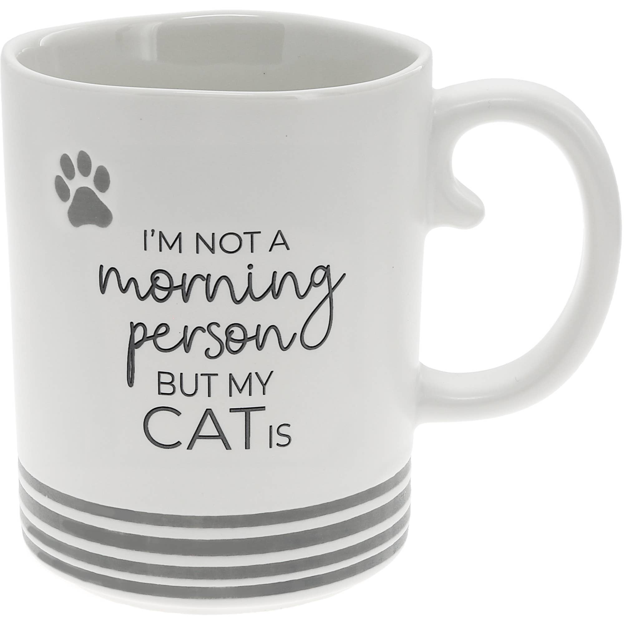 White 15 oz ceramic coffee mug featuring the funny saying "I'm Not a Morning Person But My Cat Is" with gray paw print accents.