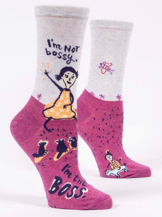 I'm Not Bossy Crew Socks by Blue Q — funny women's statement crew socks in sizes 5-10, made with combed cotton, nylon, and spandex for all-day comfort
