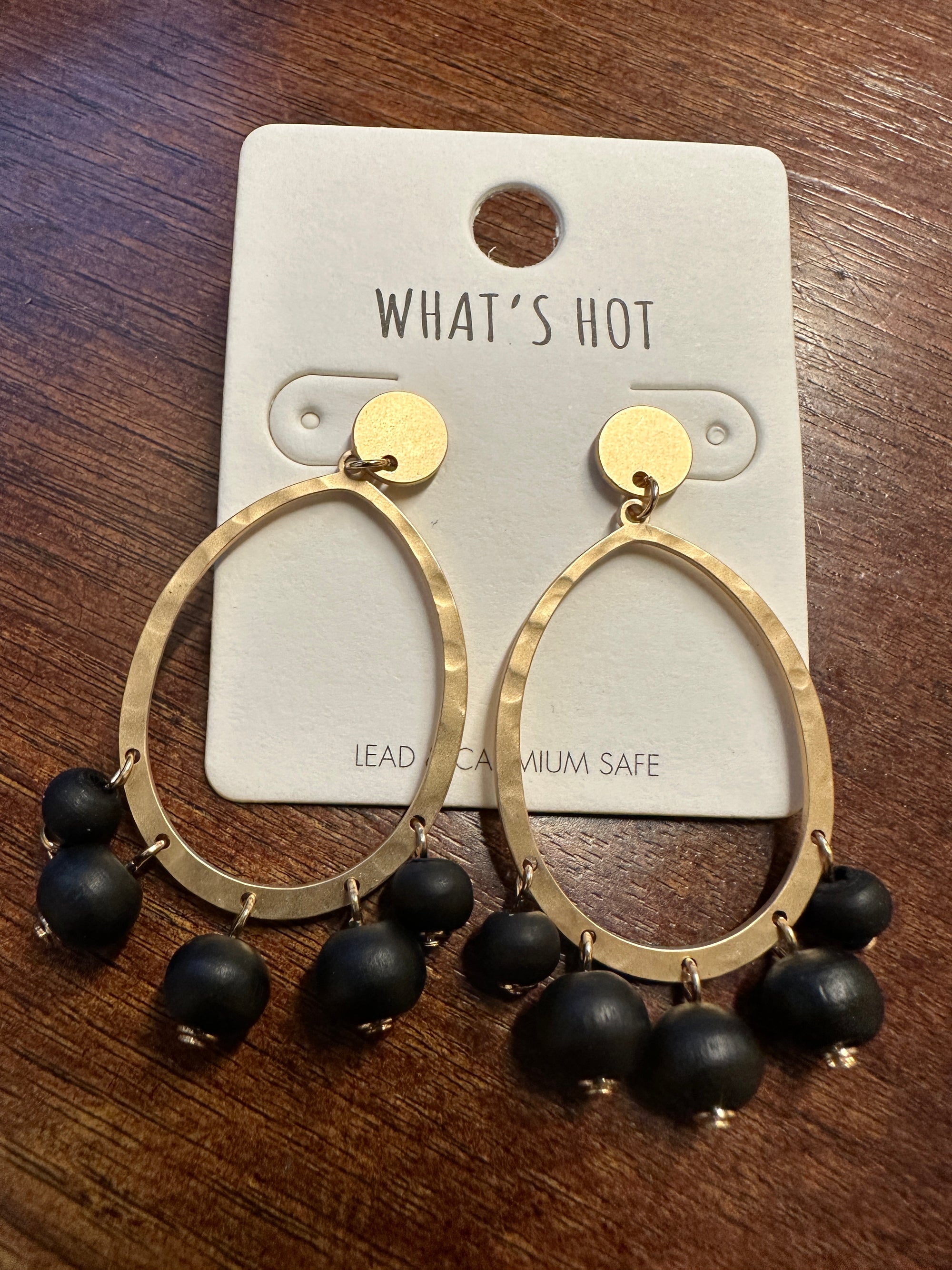 Gold Earrings w/ Open Oval & Black Beads