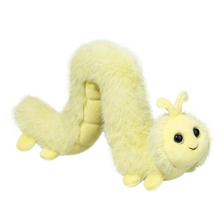 Soft pale yellow-green Inchy the Inchworm plush toy with long cuddly body and expressive eyes