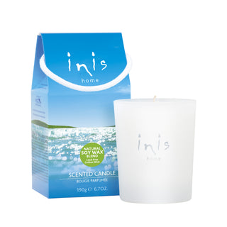 Inis Energy of the Sea Scented Candle 190g in frosted white glass vessel with Inis Home gift box — natural soy wax blend, lead-free cotton wick
