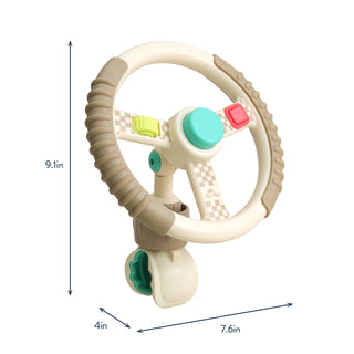 Children's toy steering wheel with colorful buttons and hose, shown with measurements on a white background.