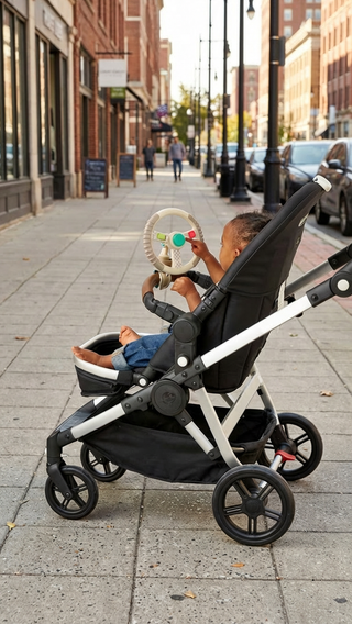 Itzy Ritzy Bitzy Driver baby steering wheel activity toy on a stroller