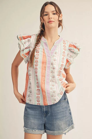 Ruffle Cap Sleeve Boho Floral Top