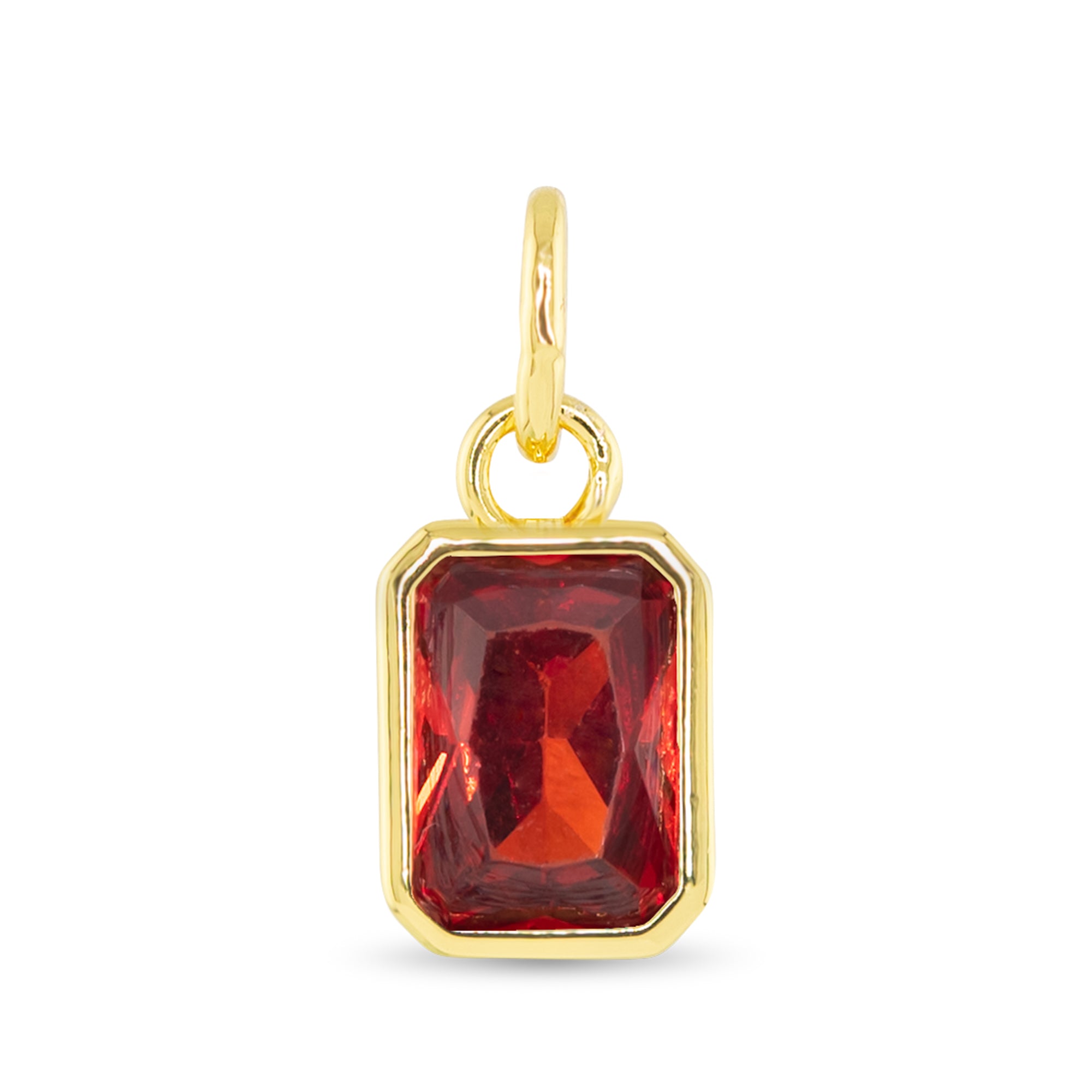 January birthstone charm with deep red garnet-inspired stone and 18K gold dipped setting