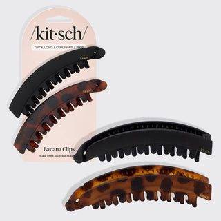Kitsch Banana Hair Clips 2-pack in black and tortoise shell made from recycled plastic for thick, long, and curly hair.