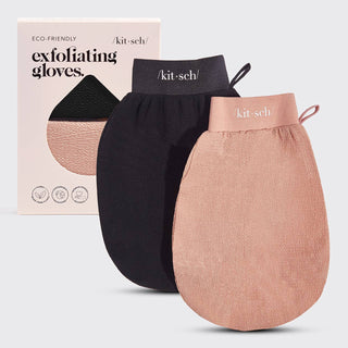 Kitsch Eco-Friendly Exfoliating Gloves 2-pack in black and terracotta for gentle body exfoliation and smoother, healthier-looking skin.
