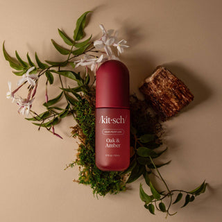 KITSCH Oak & Amber Hair Perfume — a woody, smoky hair fragrance with patented odor-eliminating technology, vegan and cruelty-free, in a travel-friendly size
