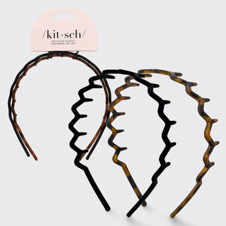 Kitsch Zig Zag Headband 2-Pack featuring black and tortoise recycled plastic headbands with comfortable non-slip zig zag teeth.