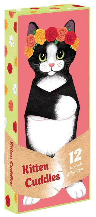 Boxed set of Kitten Cuddles die-cut cat notecards featuring a tuxedo kitten with a flower crown and matching envelopes.