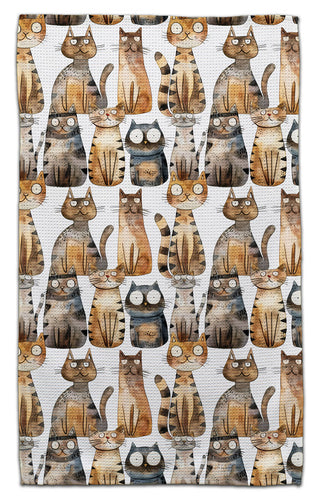 Eco-friendly kitchen towel with whimsical watercolor cat pattern by CJ Bella