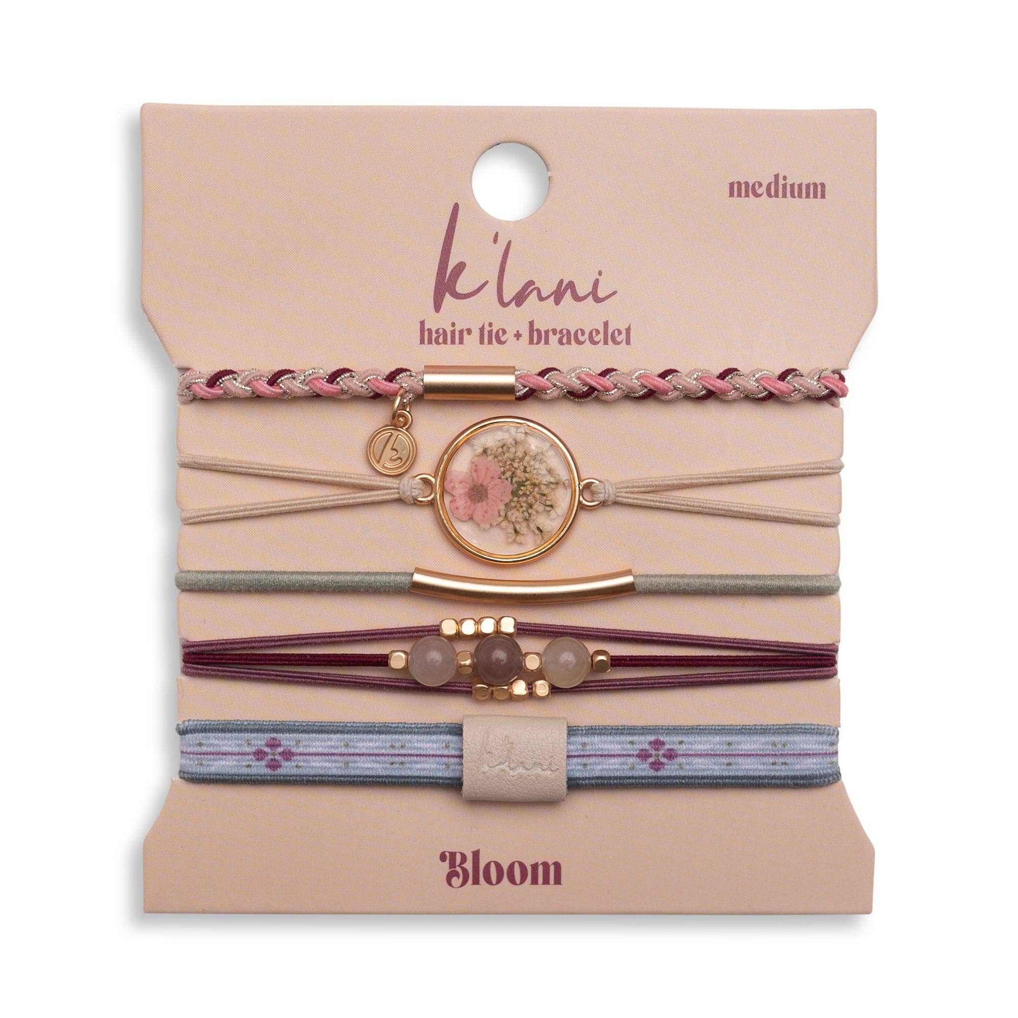 Klani Bloom hair tie bracelet set with pink, maroon, gold accents, and pressed flower details