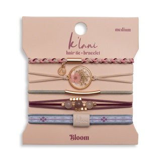 Klani Bloom hair tie bracelet set with pink, maroon, gold accents, and pressed flower details