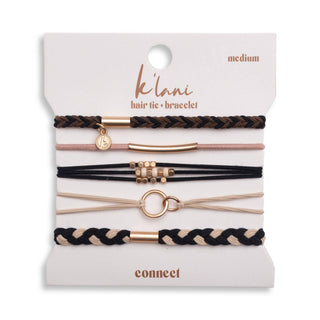 Klani Connect hair tie bracelet set in black, cream and gold with braided details and circle accents