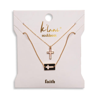 K’lani Faith layered necklace set in gold featuring mother of pearl cross pendants on delicate chains