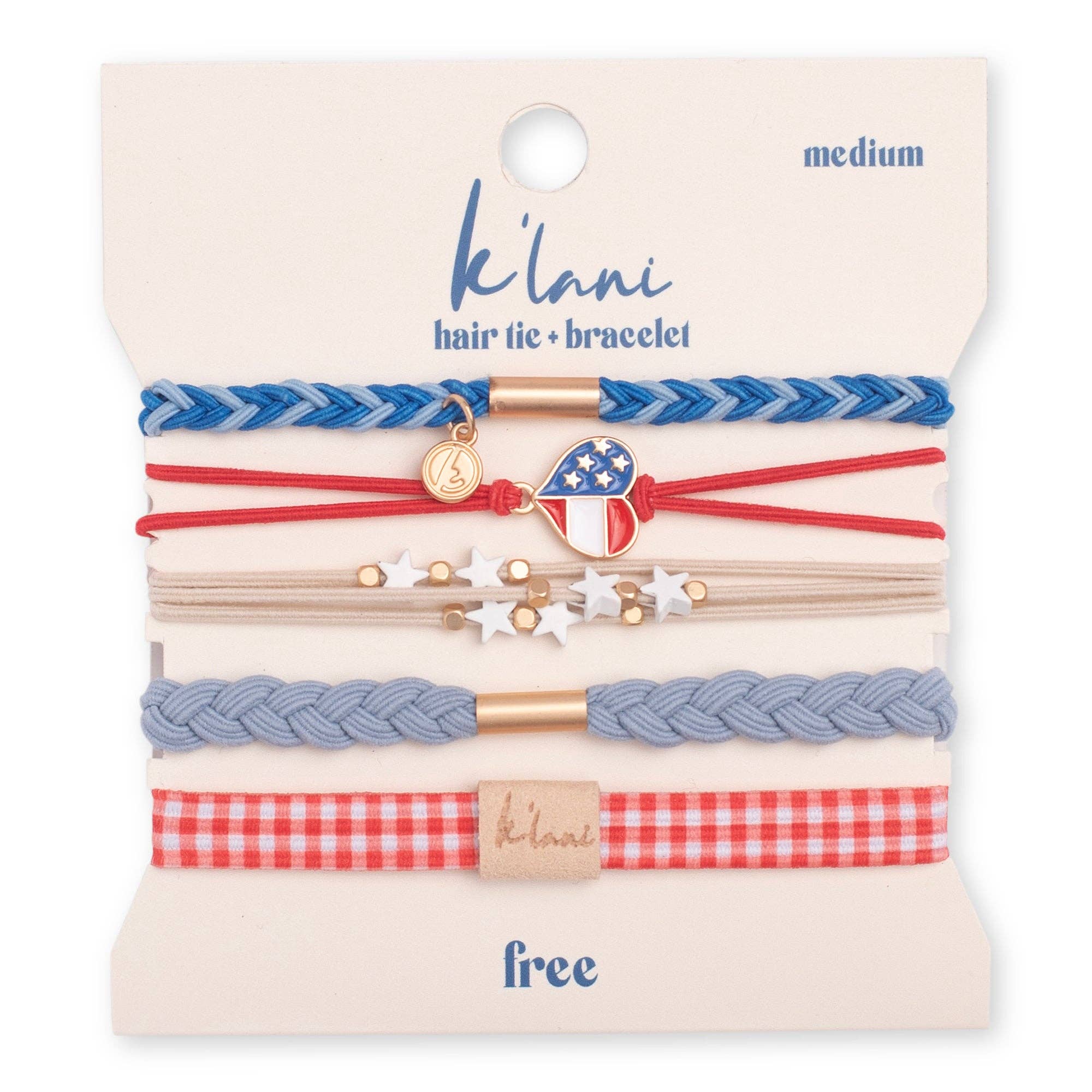 K’lani Free patriotic hair tie bracelet set in red, white and blue with USA heart charm and gingham accent