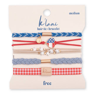 K’lani Free patriotic hair tie bracelet set in red, white and blue with USA heart charm and gingham accent