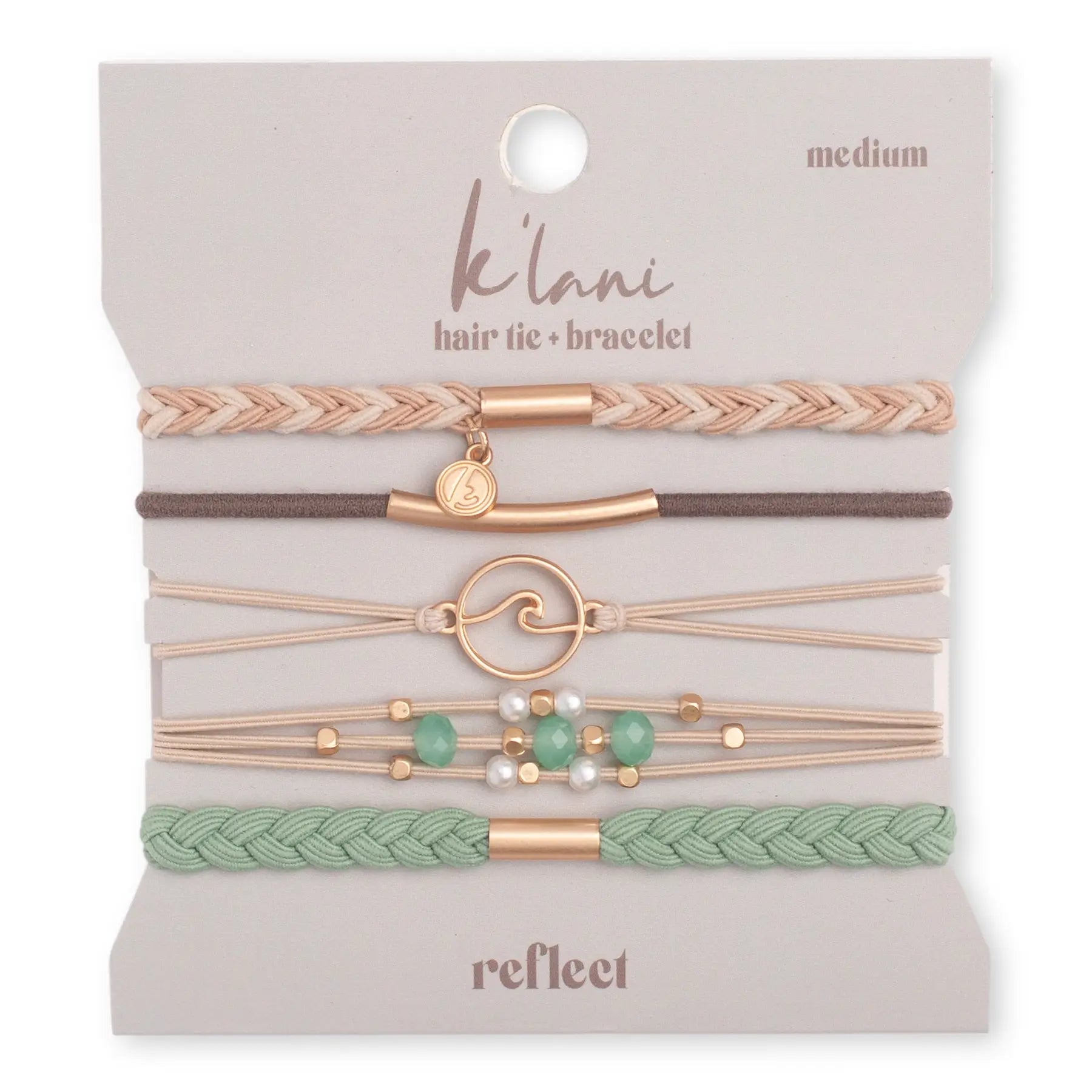 K'lani Reflect Hair Tie Bracelets — stylish bracelets that double as a hair tie holder, available in Small, Medium, and Large sizes
