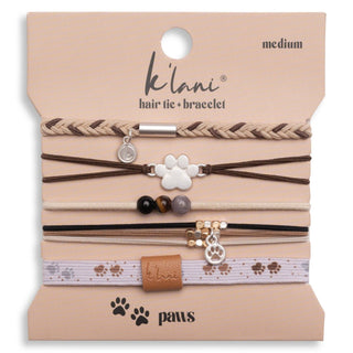 K’lani Paws hair tie bracelet set with neutral colors, paw print charms, and natural bead accents for pet lovers