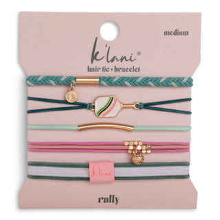 Pink and green K’lani Rally pickleball hair tie bracelet set with pickleball paddle charm