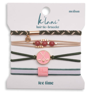 Green and pink K’lani Tee Time hair tie bracelet set with removable golf ball marker charm
