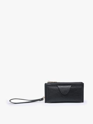 Kyla RFID Wristlet Wallet in Black vegan leather with wristlet strap and gold-tone zippe