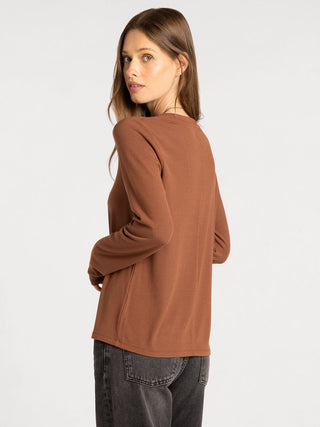 Lauren Top in brown — women's long sleeve scoop neck micro modal top, back view