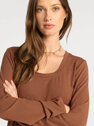 Lauren Top in brown — women's long sleeve scoop neck micro modal top, close view