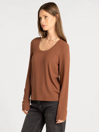 Lauren Top in brown — women's long sleeve scoop neck micro modal top, side view