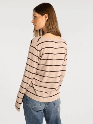 Lauren Top in pebble brown stripe— women's long sleeve scoop neck micro modal top, back view