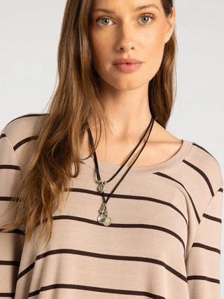 Lauren Top in pebble brown stripe — women's long sleeve scoop neck micro modal top, close view