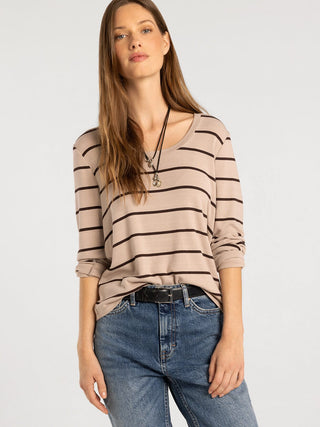 Lauren Top in pebble brown stripe — women's long sleeve scoop neck micro modal top, front view