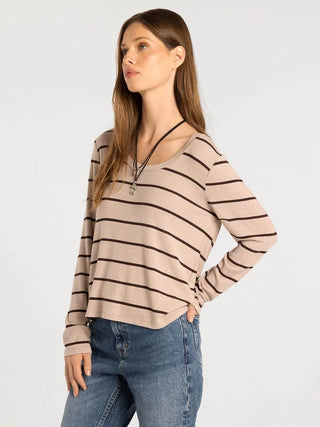 Lauren Top in pebble brown stripe — women's long sleeve scoop neck micro modal top, side view