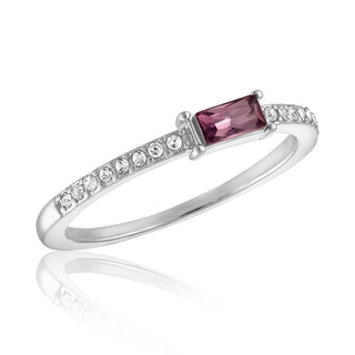 silver ring with lavender baguette stone and cubic zirconia accents