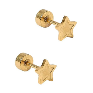 Lennon Star Gold Screwback Stud Earrings featuring polished open star-shaped waterproof flat-back stainless steel posts for sensitive ears.