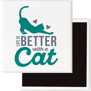 Life Is Better with a Cat decorative 3-inch magnet featuring a stretching teal cat and inspirational cat lover quote.