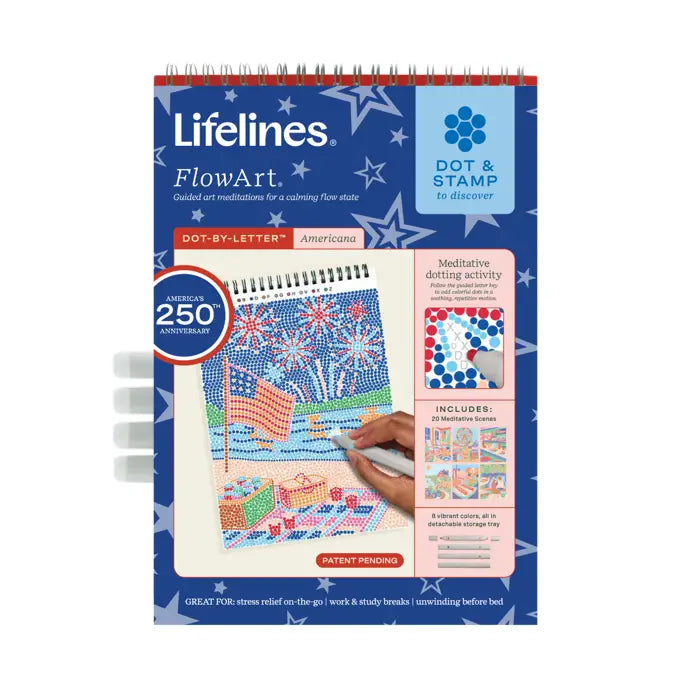 Lifelines Americana FlowArt Dot-by-Letter activity pad with patriotic themed meditative dot art scenes