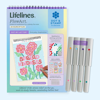 FlowArt Dot by Letter: Everyday Inspiration by Lifelines — a meditative dot art activity book using a guided letter key to fill pages with vibrant colorful dots
